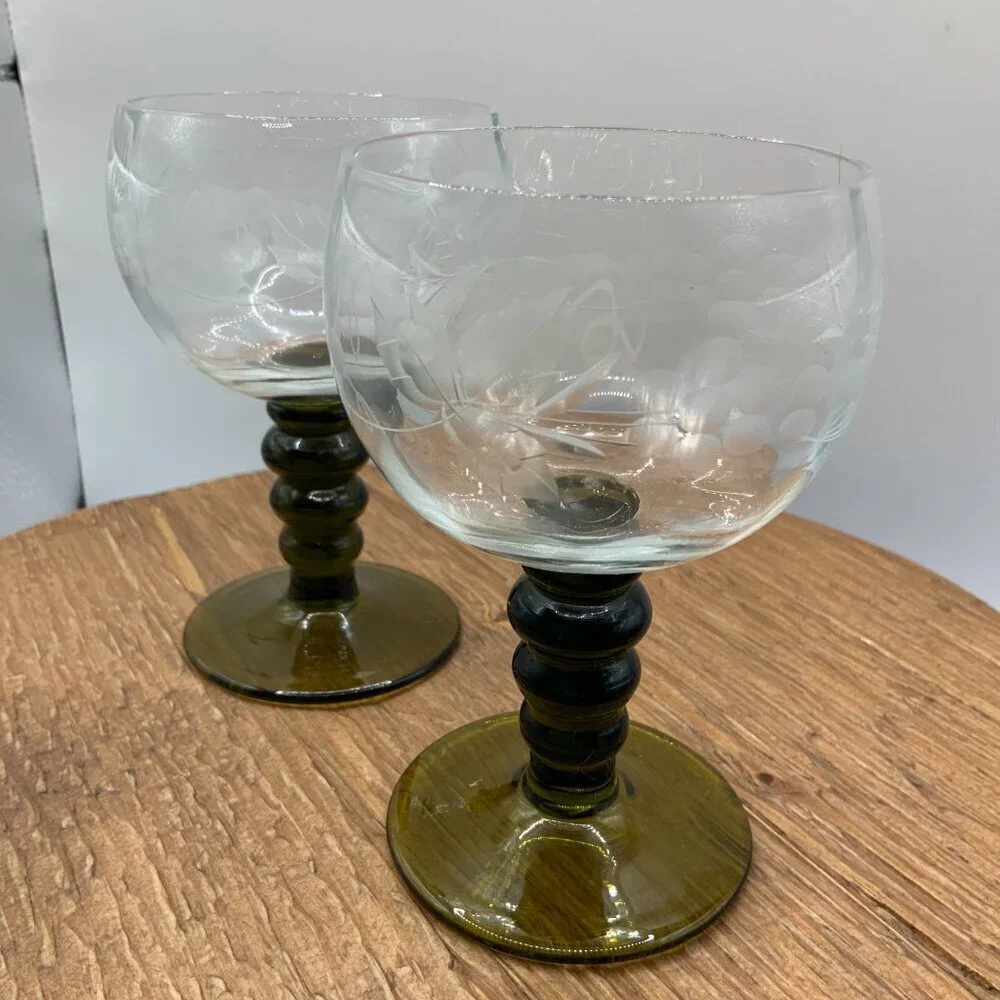 German Roemer Vintage Leaves Grapes Etched Glass Green Stem Goblets Wine Glasses